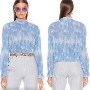 Ganni- Blue Tie Dye Accordion High Neck Longsleeve Blouse